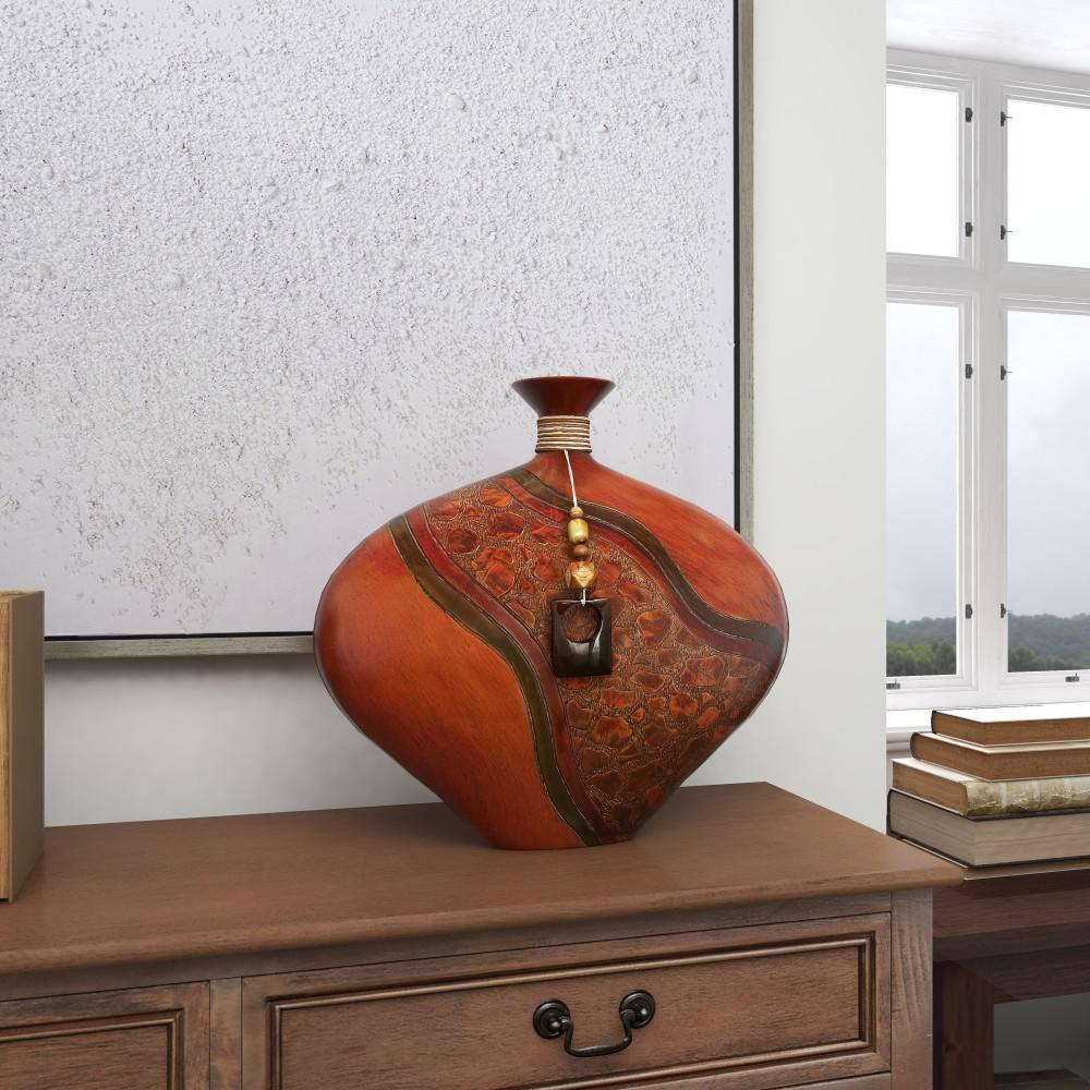 DecMode 14" Brown Polystone Vase with Embossed Details