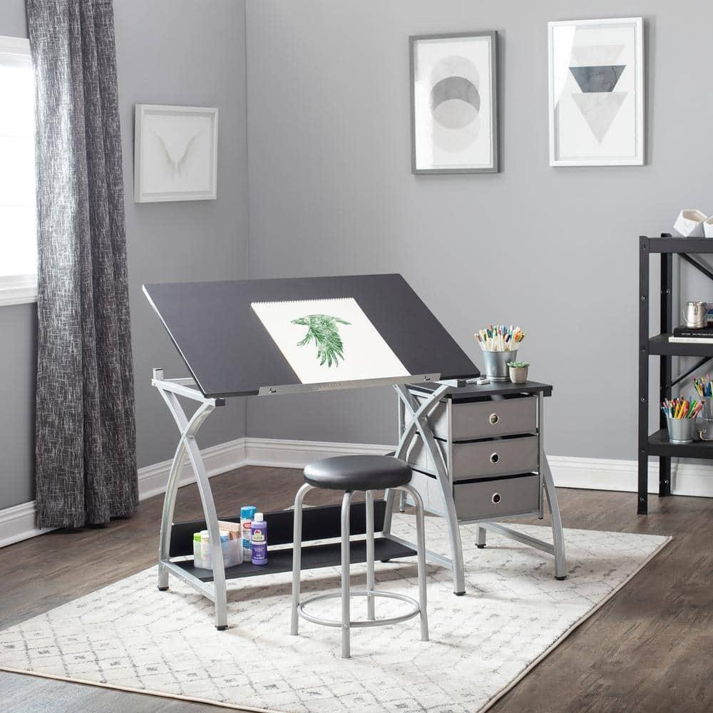 Comet Plus Drawing Table and Stool Set Silver/Gray - studio designs: Adjustable Top, Storage Drawers, Padded Seat