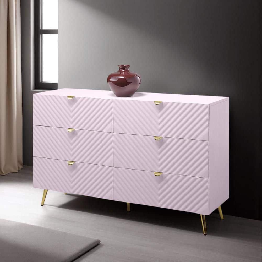 Benjara Tyra Wide Dresser, 6 Drawers, Gold Legs, Gloss Pink Chevron Pattern