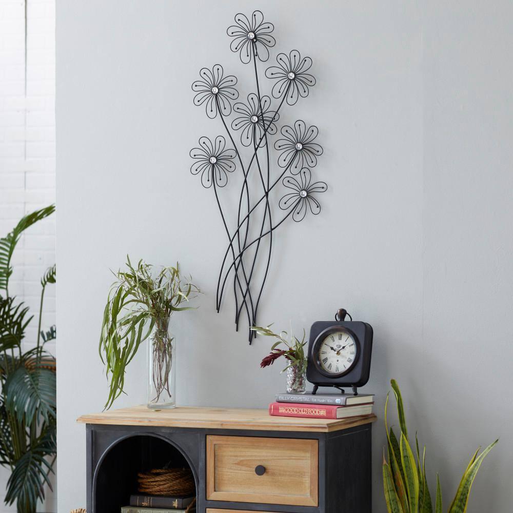DecMode Black Metal 3D Wire Floral Wall Decor with Crystal Embellishments