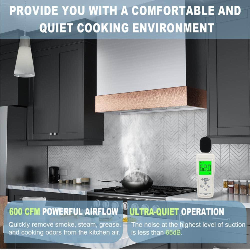 Akicon 600 CFM Wall Mounted Range Hood, Stainless Steel Range Hood 30 inch, Energy Saving, Kitchen Hood for Cooking, Powerful Vent Motor, Brushed Stainless with Copper