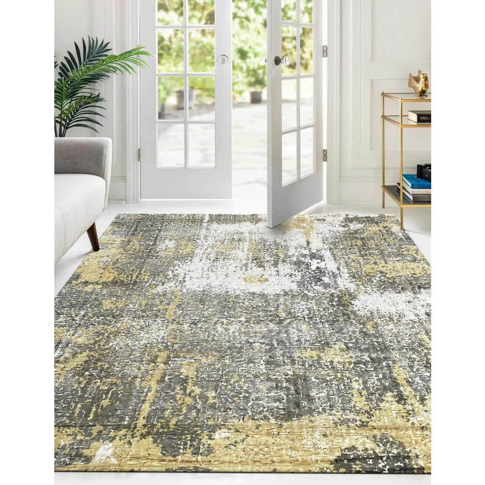 EORC Ivory / GOLD Hand Knotted Wool Transitional Modern Rug, 7' x 9'
