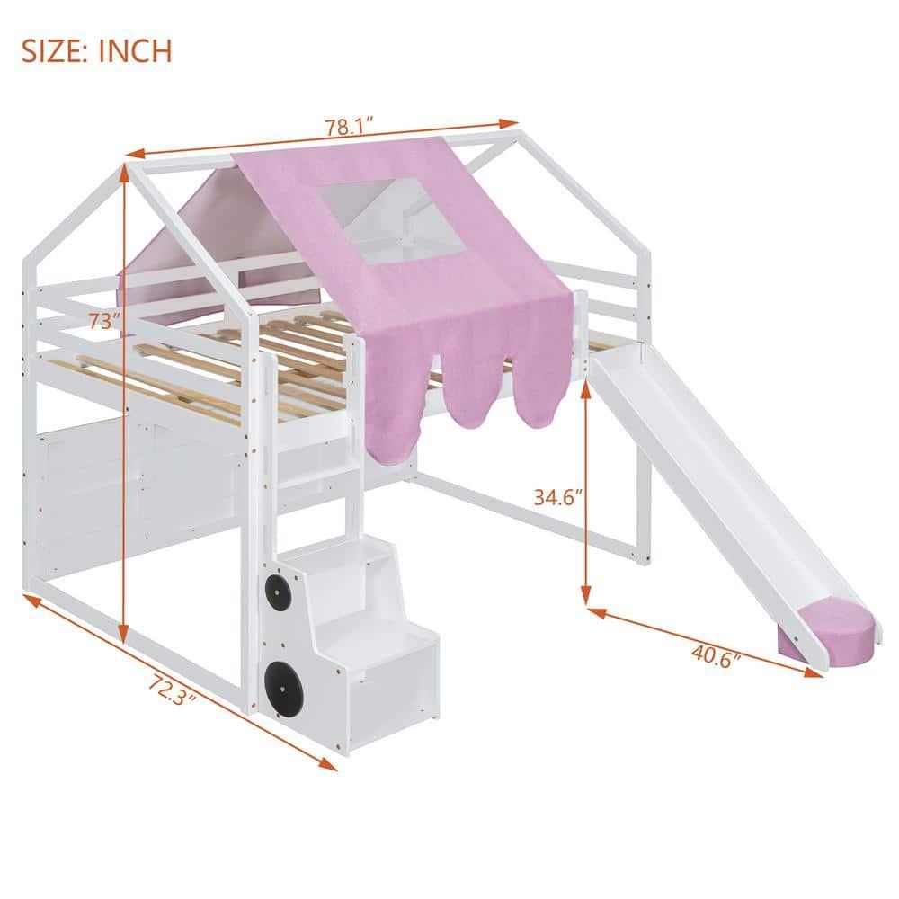 Kumix Full Size Loft Bed with Slide and Tent, House Loft Bed with Car-Shaped Storage and 2 Tier Shelves, Wood Loft Bed with Safety Guardrail & Ladder for Kids Teens Boys Girls, Noise-Free, Pink