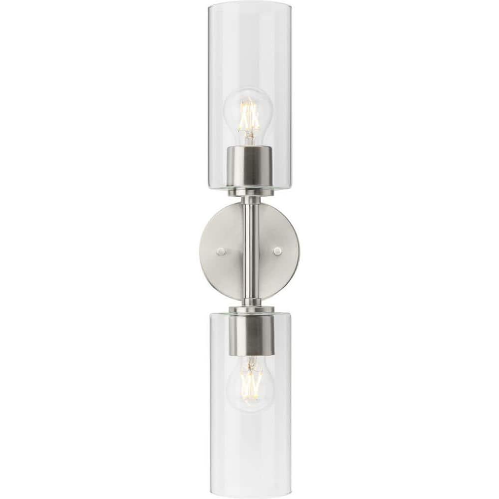 Progress Lighting Cofield 2-Light Wall Bracket, Brushed Nickel, Cylindrical Glass Shade