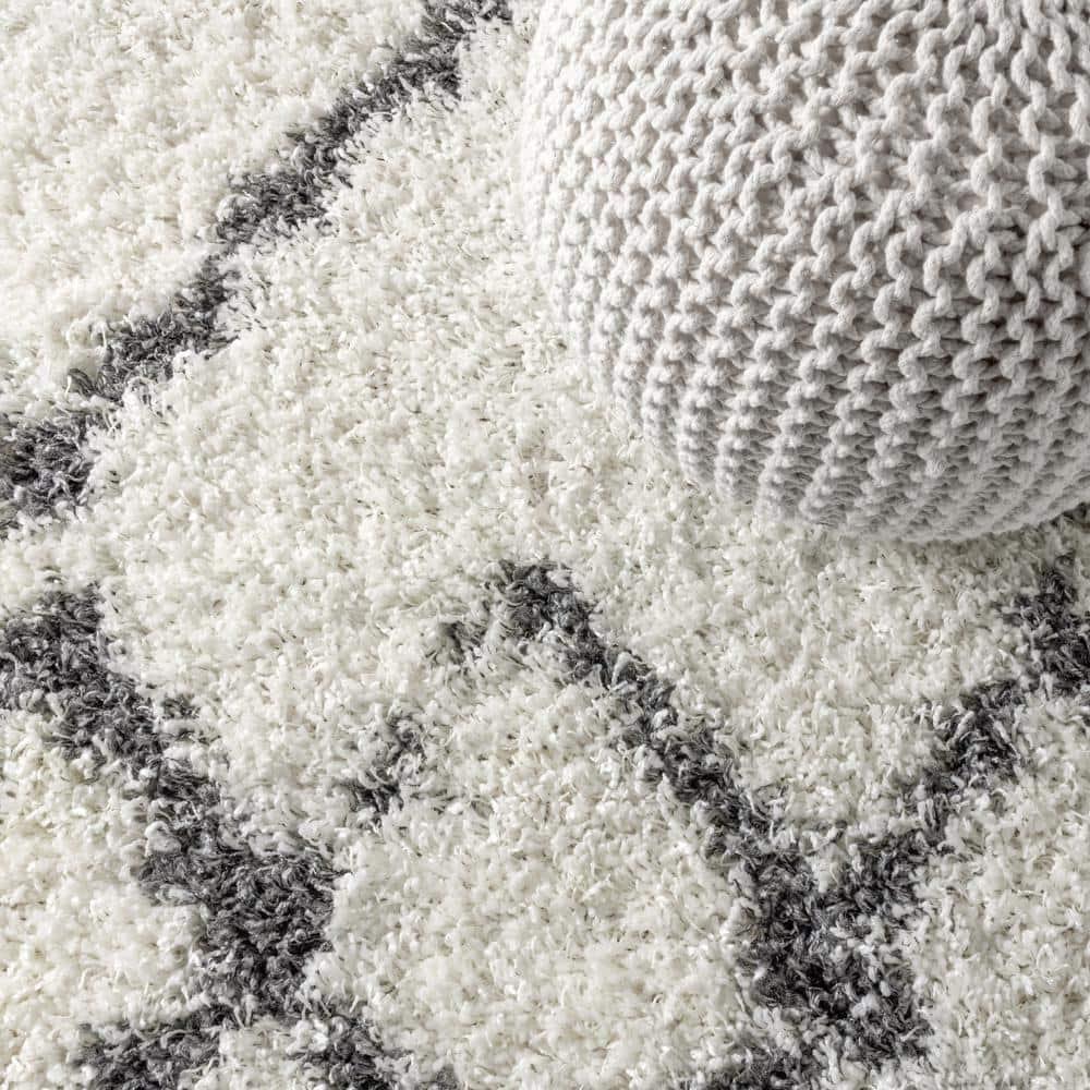 8'x10' Mercer Shag Plush Tassel Moroccan Geometric Trellis Area Rug, Cream/Grey - JONATHAN Y