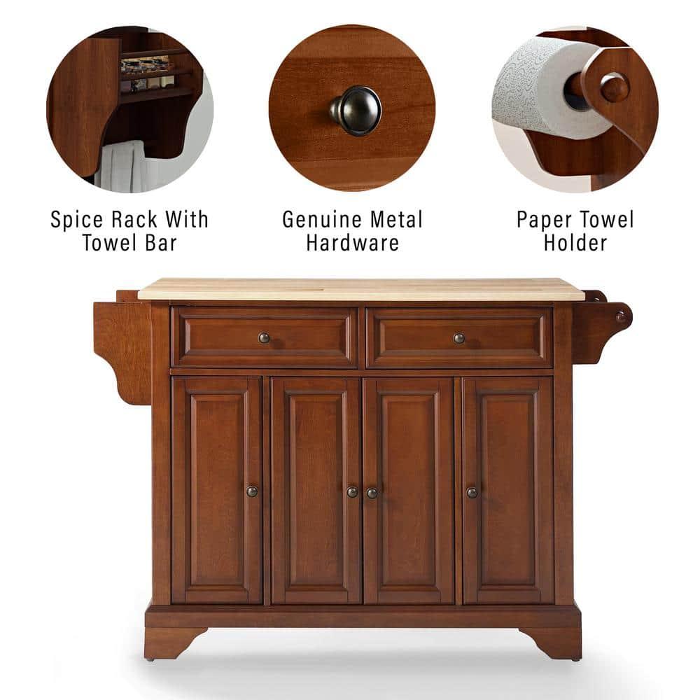 Crosley Lafayette Wood Top Full Size Kitchen Island/Cart Cherry/Natural: With Adjustable Shelves, Towel Bar, 5 Drawers