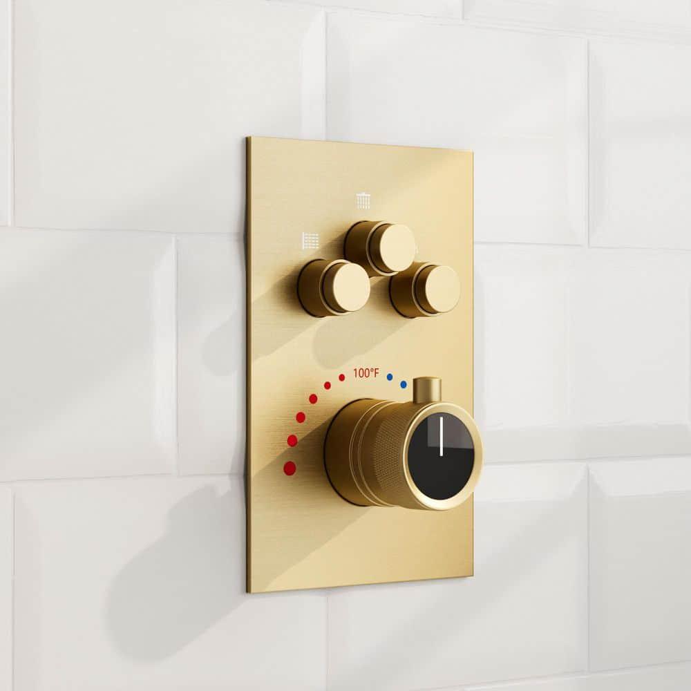 GRANDJOY Dual Wall Mount Rainfall Shower Head System Adjustable 12 inch & 6 inch Shower Faucet Set with Handheld Shower Spray Thermostatic Pressure Balance Value, Brushed Gold
