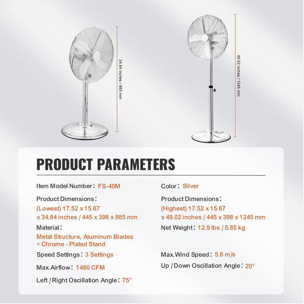 Vevor GYLSFS16INCH0LFIYV1 16 in. 3-Speed Industrial Pedestal Fan Oscillating Height Adjustable - Silver