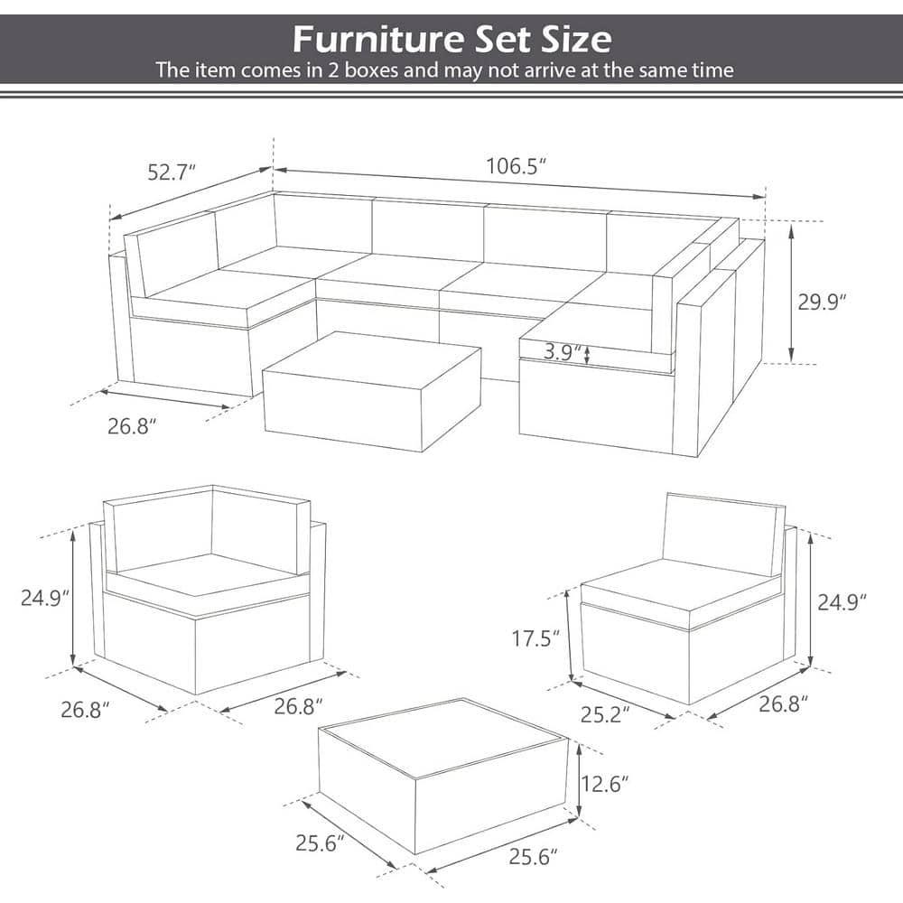 U-MAX 7 Piece Outdoor Patio Furniture Set, PE Rattan Outdoor Wicker Sectional Furniture Chair Set with Cushions and Tea Table, Grey Rattan and Navy Cushion