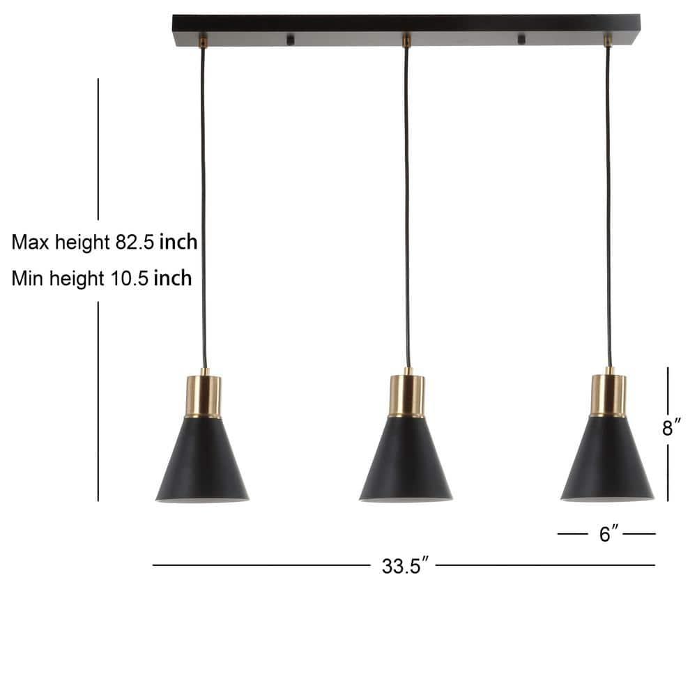 Apollo 33.5" 3-Light Mid-Century Modern Iron Adjustable Linear LED Pendant, Black/Brass Gold