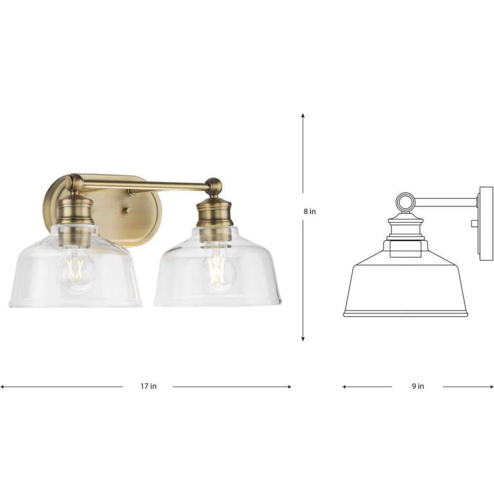 Progress Lighting Singleton 2-Light Vanity Fixture, Vintage Brass, Clear Glass Shades