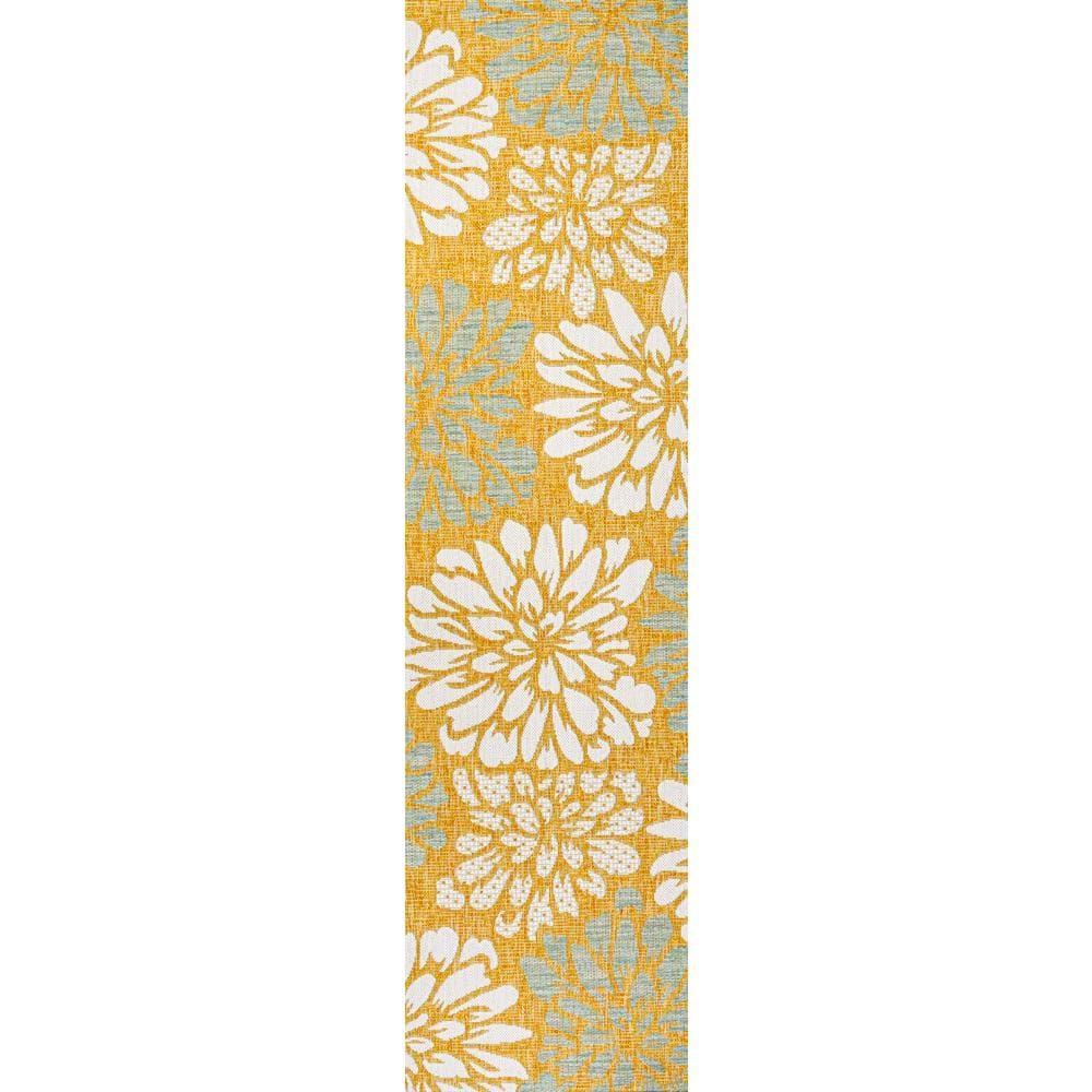2' x 10' Zinnia Modern Floral Textured Weave Indoor/Outdoor Runner Rug, Yellow/Cream - JONATHAN Y