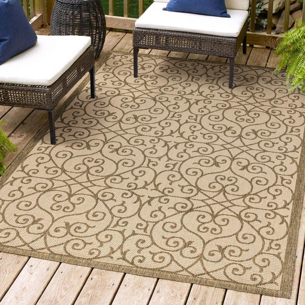 8'x10' Madrid Vintage Filigree Textured Weave Indoor/Outdoor Area Rug, Beige/Brown - JONATHAN Y
