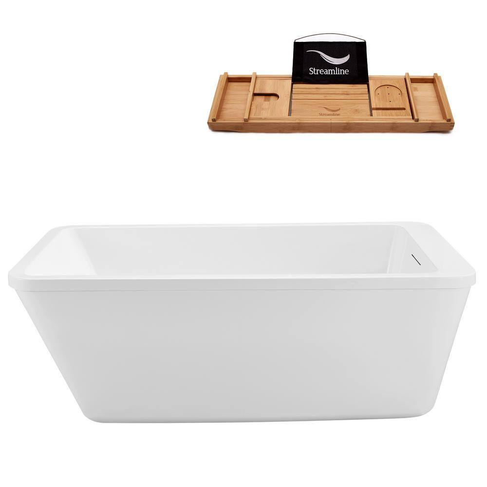 60'' Streamline Freestanding Soaking Acrylic Bathtub With Drain and Bamboo Tray