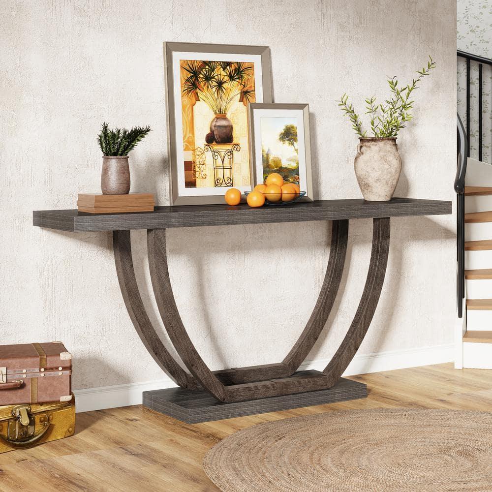 Resenkos Entryway Table, Console Sofa Table,63" Farmhouse Console Table, 2-Tier Entryway Sofa Table Gray