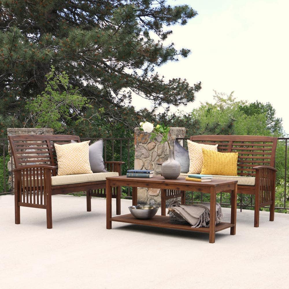Walker Edison Rendezvous Modern Solid Acacia Wood Patio Loveseat with Cushions, 47 Inch, Dark Brown