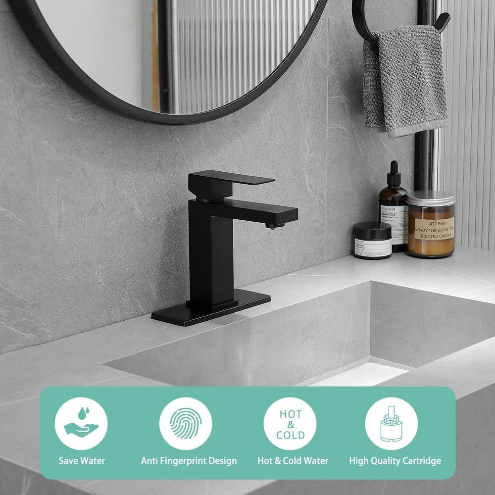 Matte Black Single Hole Bathroom Faucet,Vanity Faucet Modern Commercial RV with Deck Plate for 1 or 3 Hole, Single Handle Stainless Steel Bathroom Sink Faucet with Pop-up Drain