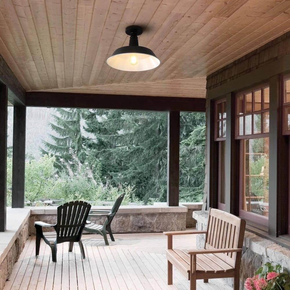 JONATHAN Y Camila 14" 1-Light Classic Industrial Indoor/Outdoor Iron LED Semi Flush Mount, Black/White, JYL7617B