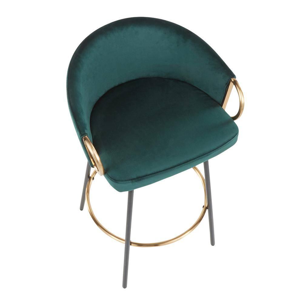 Set of 2 Claire Upholstered Counter Height Barstools: Swivel, Velvet, Gold Accents - Lumisource