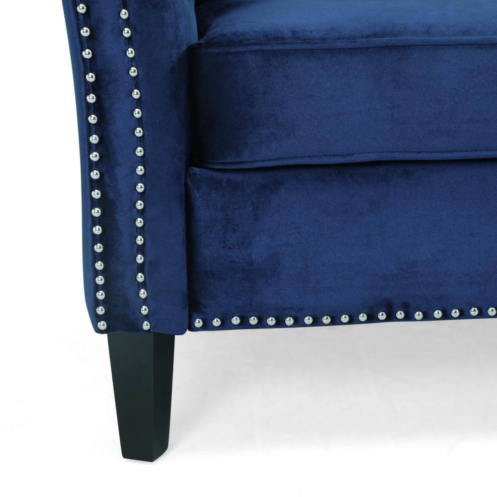 Noble House Claridge Button Tufted Velvet Sofa, Midnight Blue, Dark Brown
