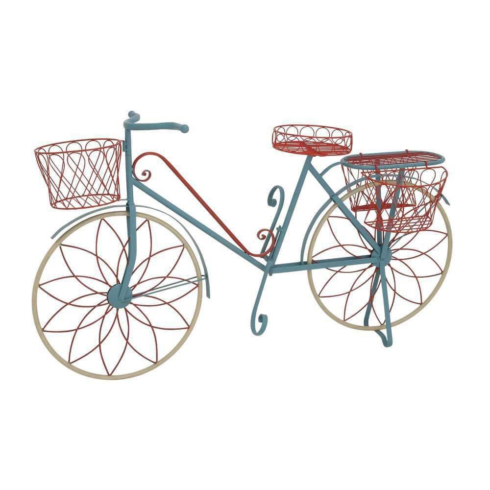 DecMode Vintage Turquoise/Red 3 Tier Bicycle Inspired Metal Plantstand, 54"W x 32"H