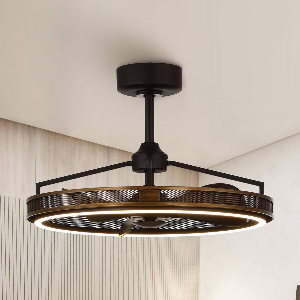 27-inch Industrial Bronze Mesh Caged Bladeless Ceiling Fan with LED Light and Remote
