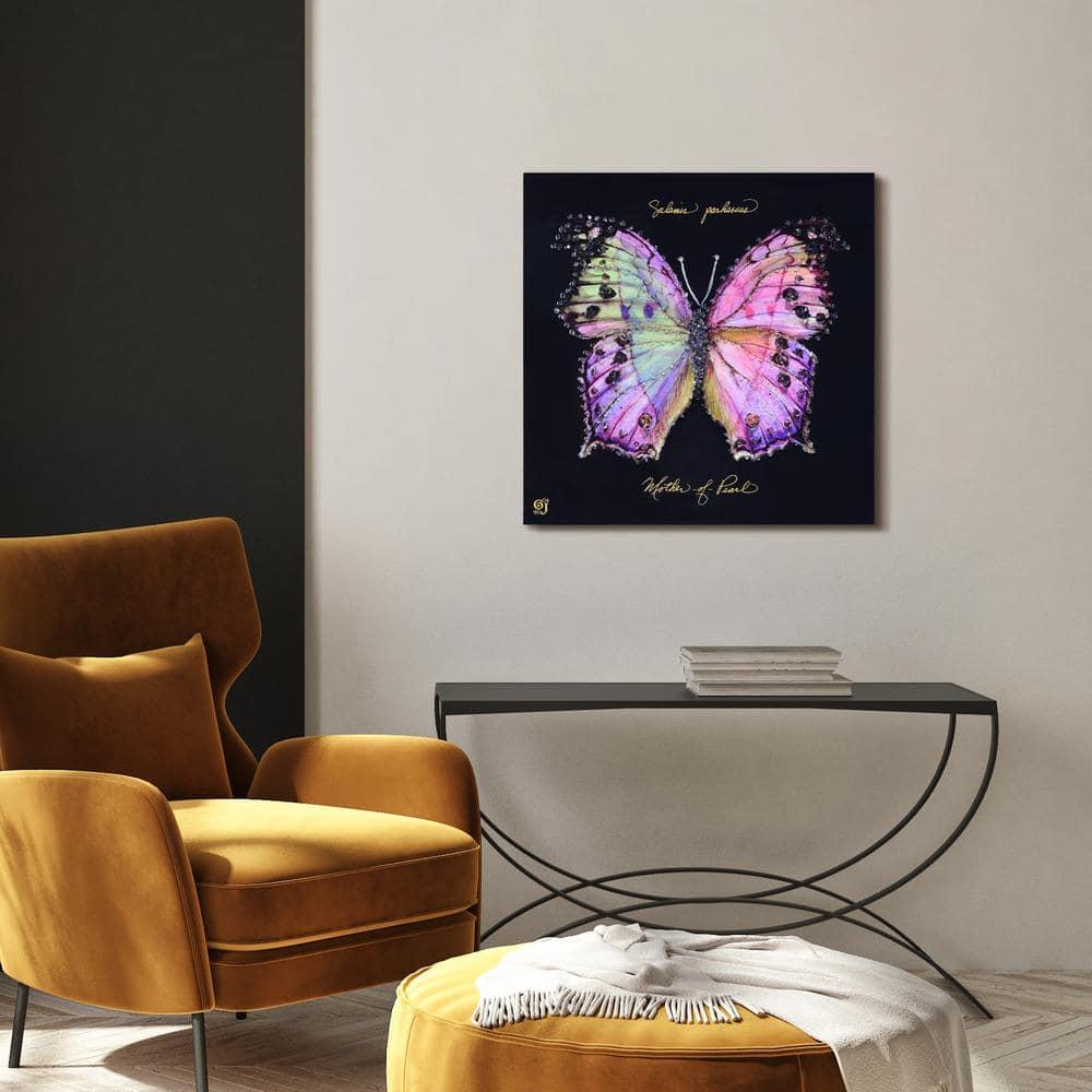 "Pink Monarch Elegance" Crystallus Epoxy Coated Wrapped Glossy Butterfly Canvas Wall Art with Heavy Acrylic Crystal Shards Embellishments