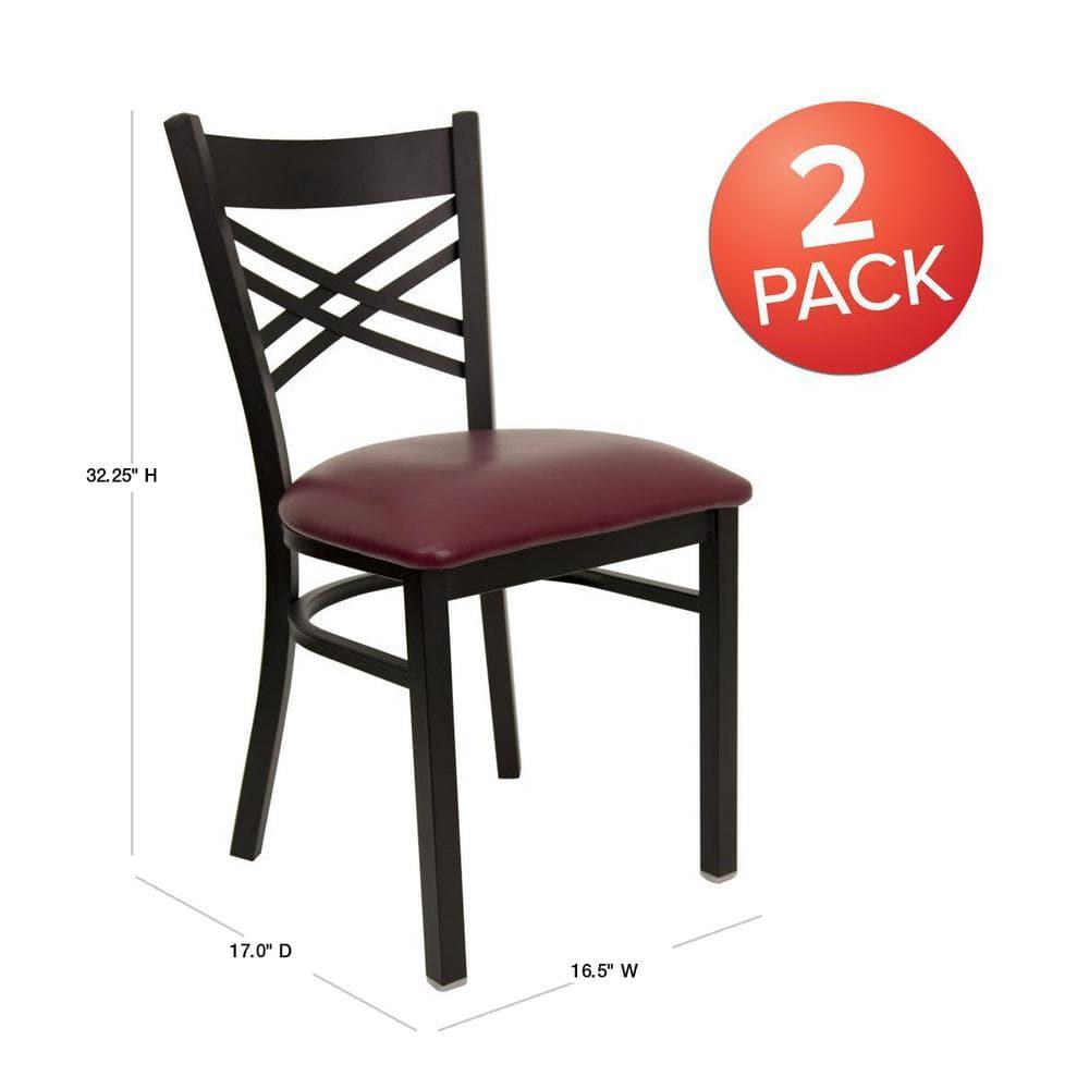 TiaGOC 2 Pack HERCULES Series Black ''X'' Back Metal Restaurant Chair - Burgundy Vinyl Seat
