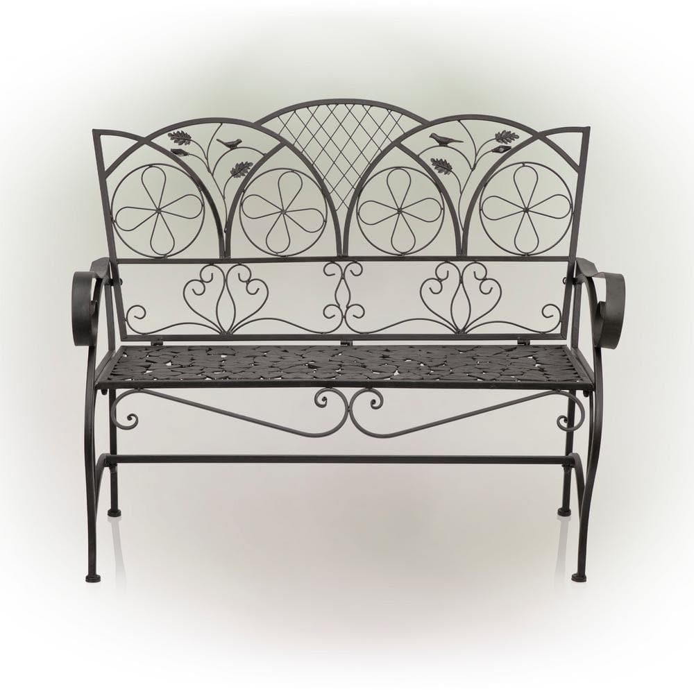 38" x 45" Iron Birds and Leaves Outdoor Garden Bench Brown - Alpine Corporation: Weatherproof, Decorative Yard Seating