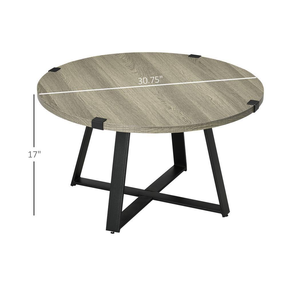 HOMCOM Round Coffee Table, Accent Center Table Steel Legs Living Room Furniture, Wooden Coffee Table, Light Gray
