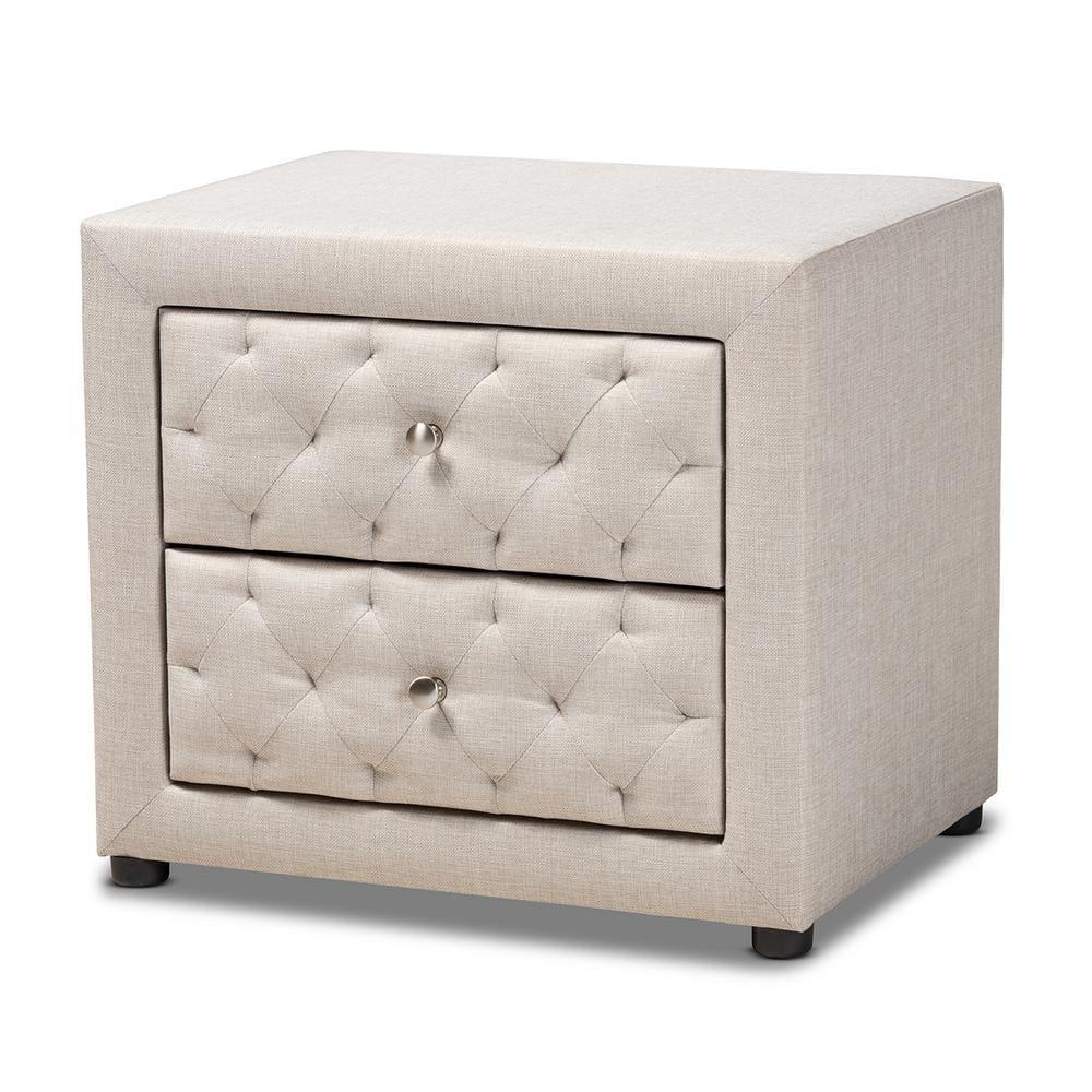 2 Drawer Lepine Wood Nightstand Beige - Baxton Studio: Upholstered, Tufted, Silver Knobs, Assembly Required