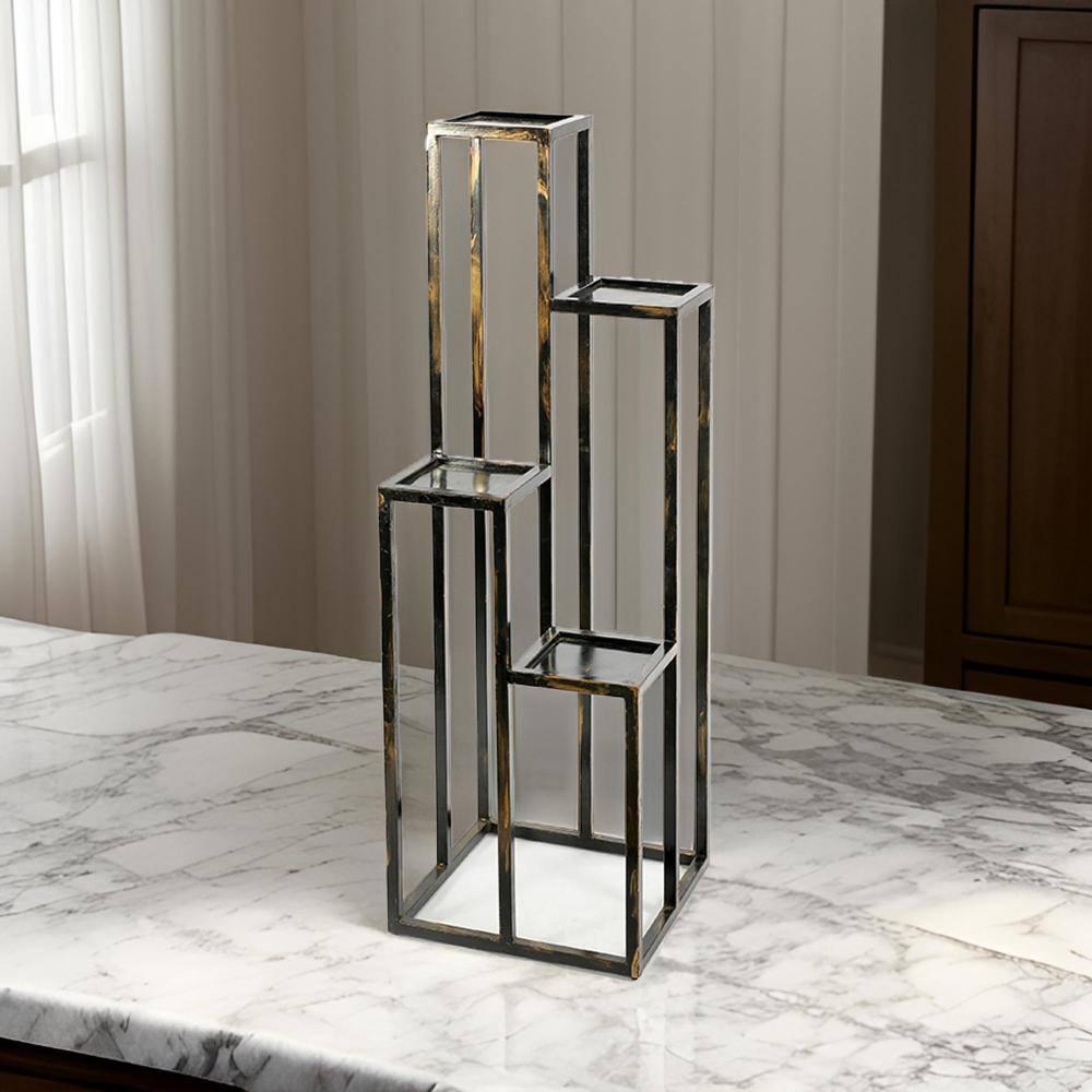 Benjara 4 Tier Cast Iron Frame Plant Stand with Tubular Legs, Black and Gold