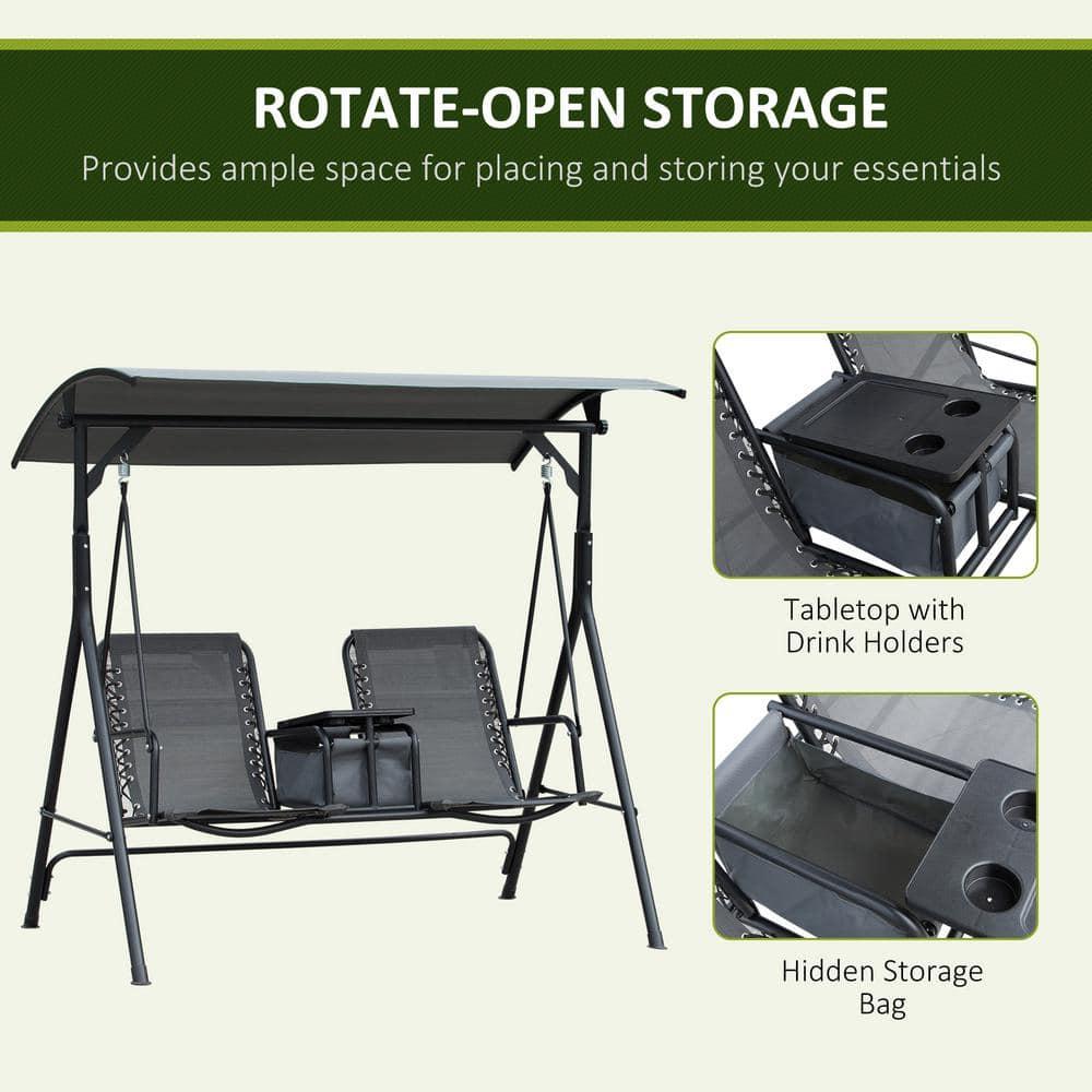 Arlmont & Co. Atay 2 Person Covered Porch Swing with Pivot Storage Table, Cup Holder, & Adjustable Overhead Canopy