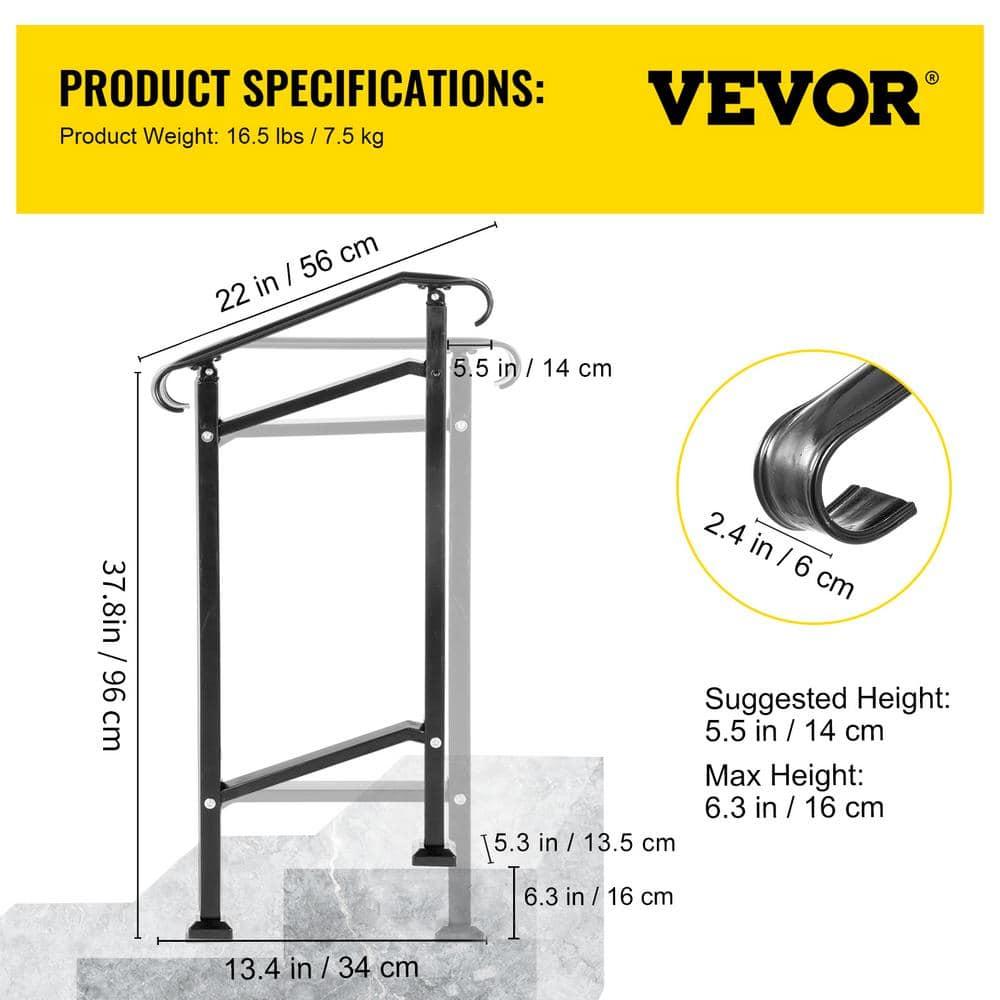 VEVOR 42.5" H x 19.7 " W x 6.3" D Adjustable Iron Handrail Black Fits 1 To 2 Steps Handrail Concrete Decor