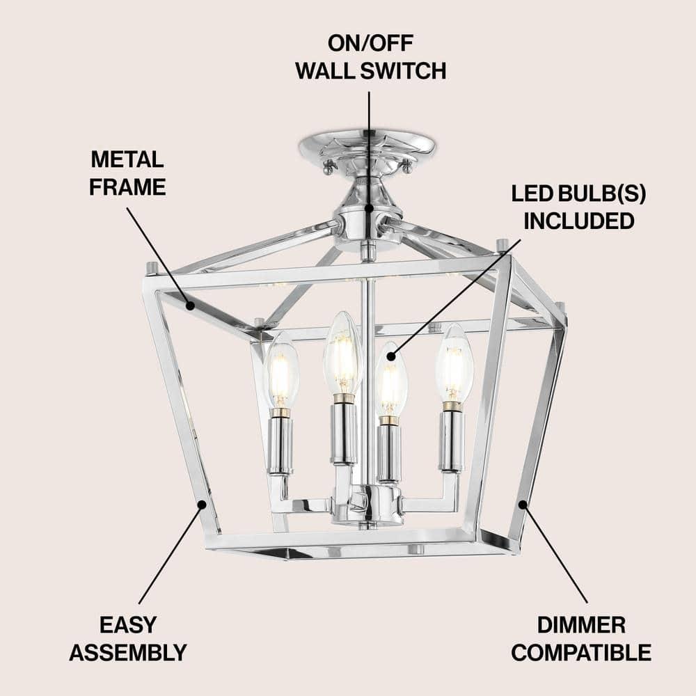 Plains Mini Lantern 12 in. 4-Light Chrome Iron Modern Farmhouse LED Flush Mount