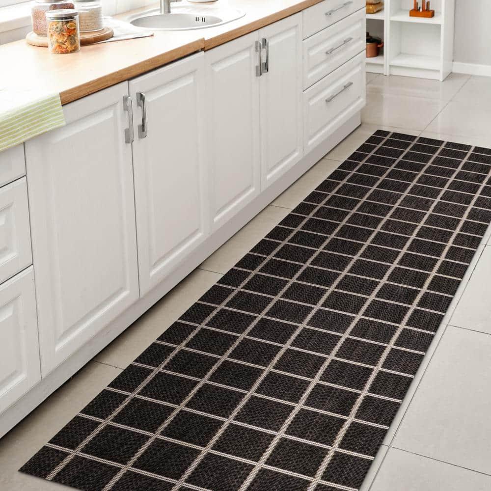 2' x 8' Grid Modern Squares Indoor/Outdoor Runner Rug, Black/Cream - JONATHAN Y