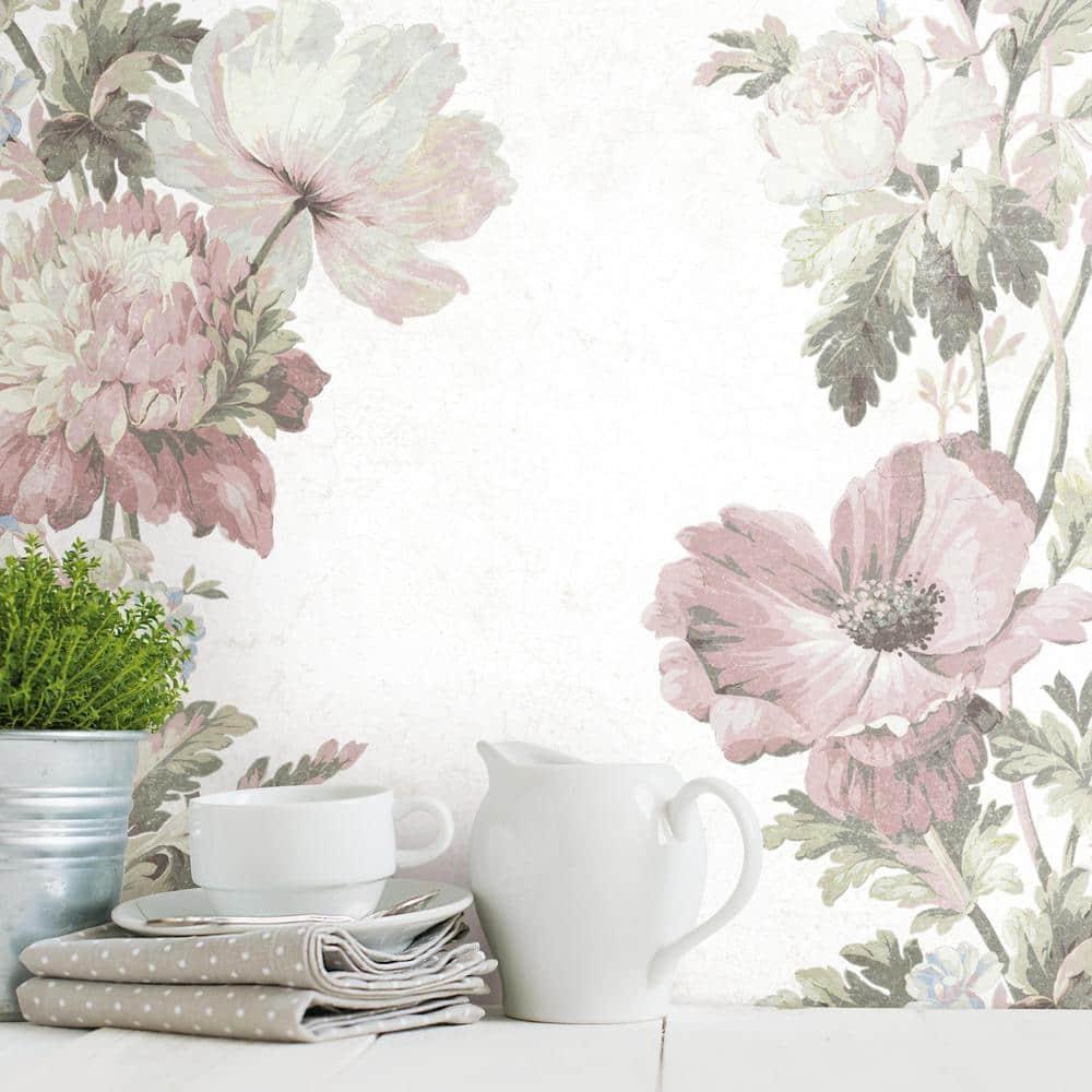 RoomMates Vintage Floral Stripe Peel and Stick Wallpaper Pink: Self-Adhesive Vinyl, Botanical Pattern, 28.3 Sq Ft Coverage