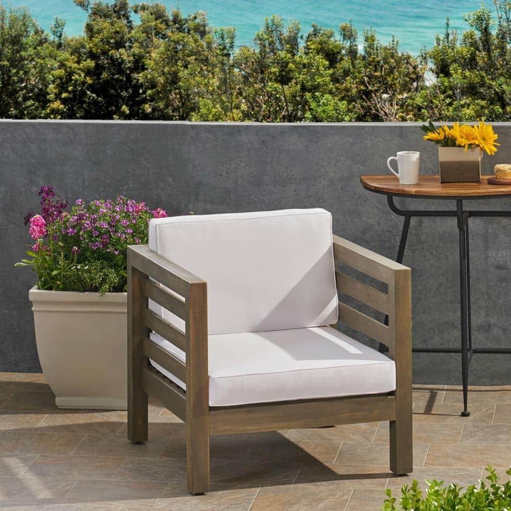 Frankie Outdoor Acacia Wood Club Chair with Cushion, Gray and White