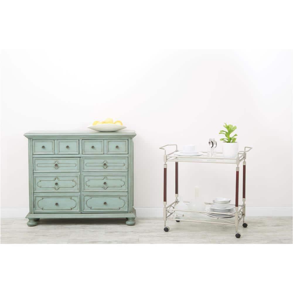 Melrose Serving Cart with Clear Tempered Glass and Nickel Brush Metal Frame