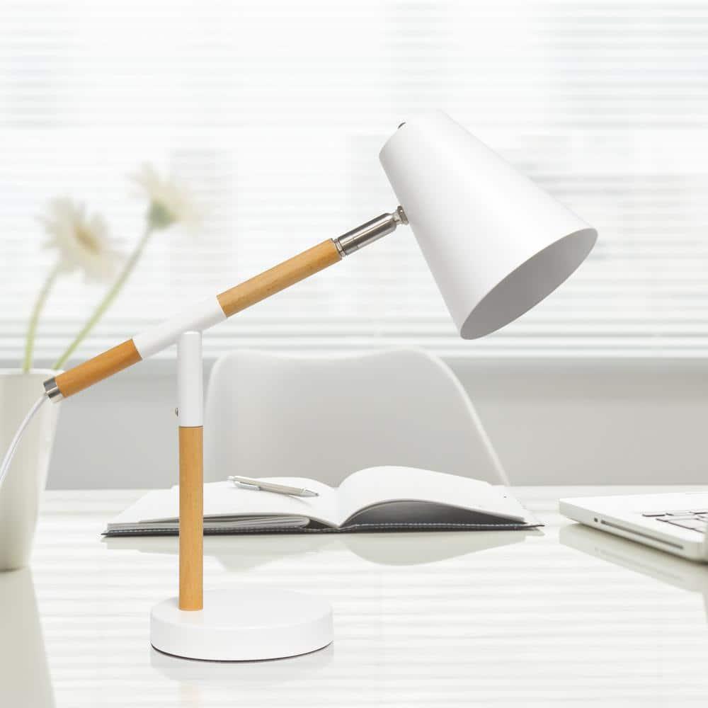 Simple Designs Wooden Pivot Desk Lamp White: ETL Listed, Adjustable Neck, Metal Shade, No Assembly Required