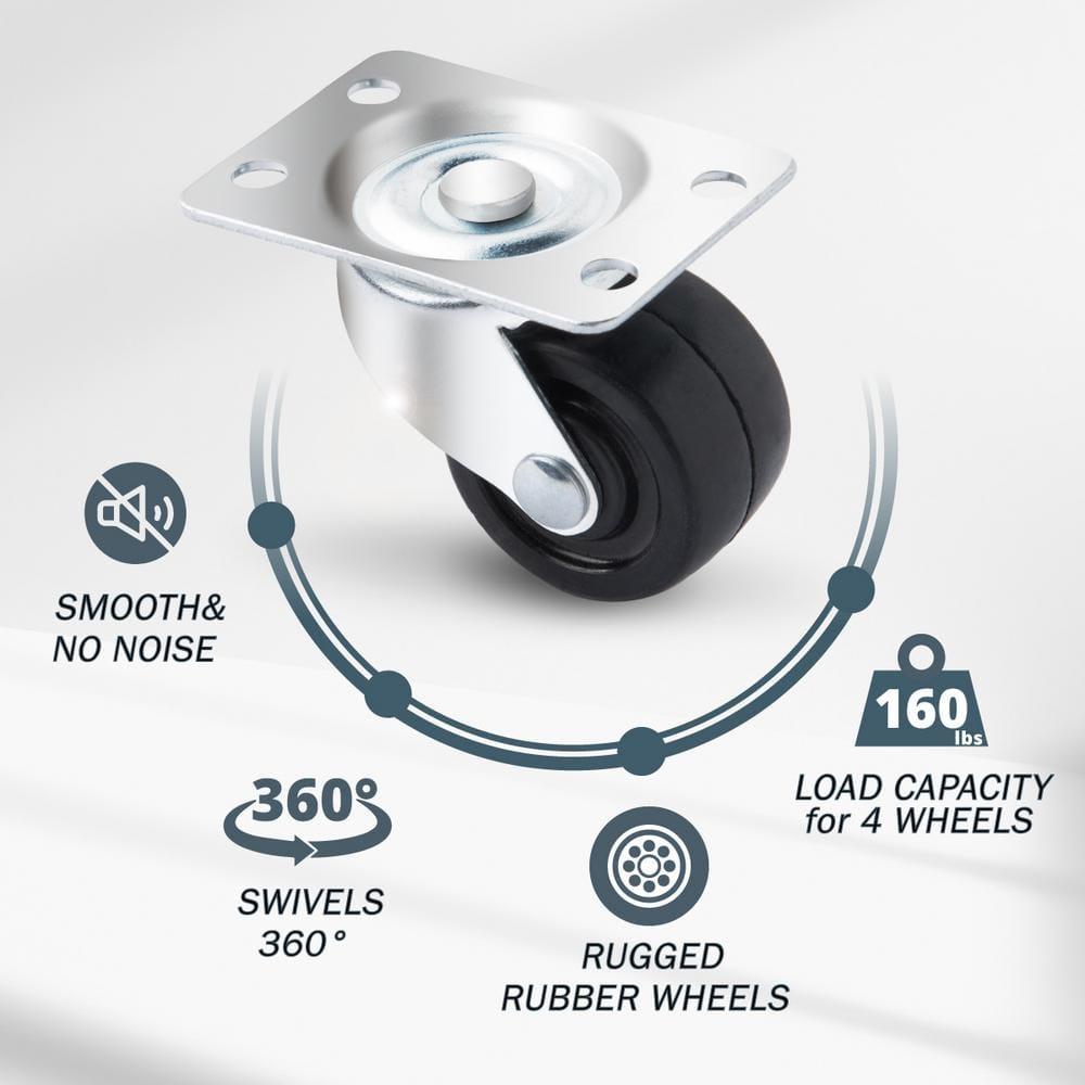 POWERTEC 4PK 1-1/2 Inch Swivel Caster Wheels with 160 lbs Loads, Heavy Duty Plate Casters, Rubber Castor Wheels for Furniture, Cart, Dolly and Workbenches (17209)