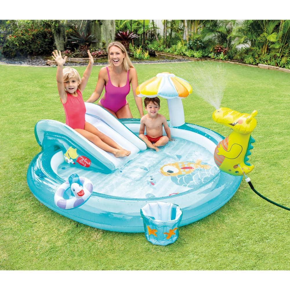 Intex 57165EP Gator 6.6ft x 5.6ft x 4in Outdoor Inflatable Kiddie Pool Water Play Center with Slide, for Toddlers Ages 2 and Up