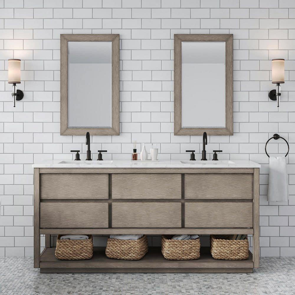 72'' Grey Oak Double Sink Vanity with Carrara Marble Countertop