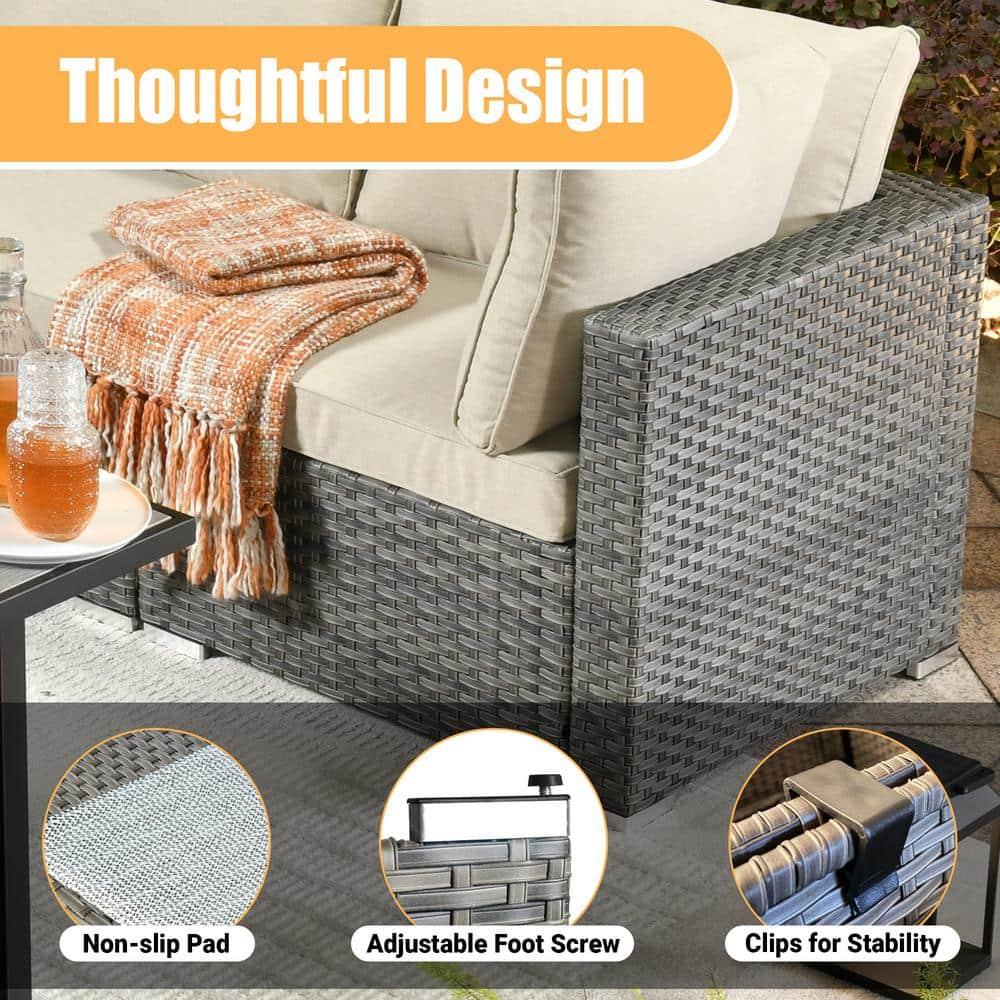 Ovios Venice 8pc Wicker Outdoor Patio Furniture Set Conversation Sofa with a Storage Fire Pit and Navy Blue Cushions