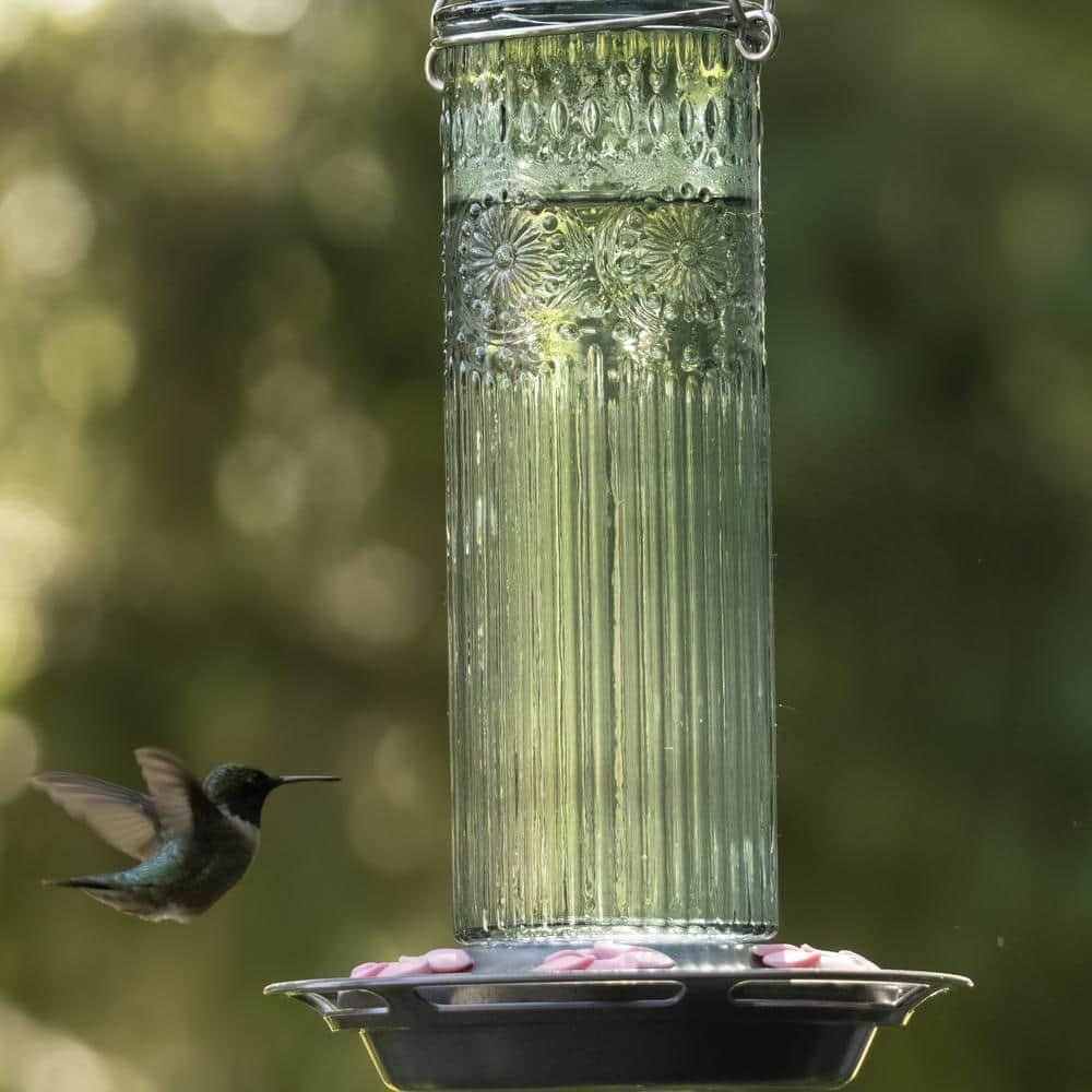 Nature's Way Antique Glass Gravity Hummingbird Feeder 28 oz, Antique Teal