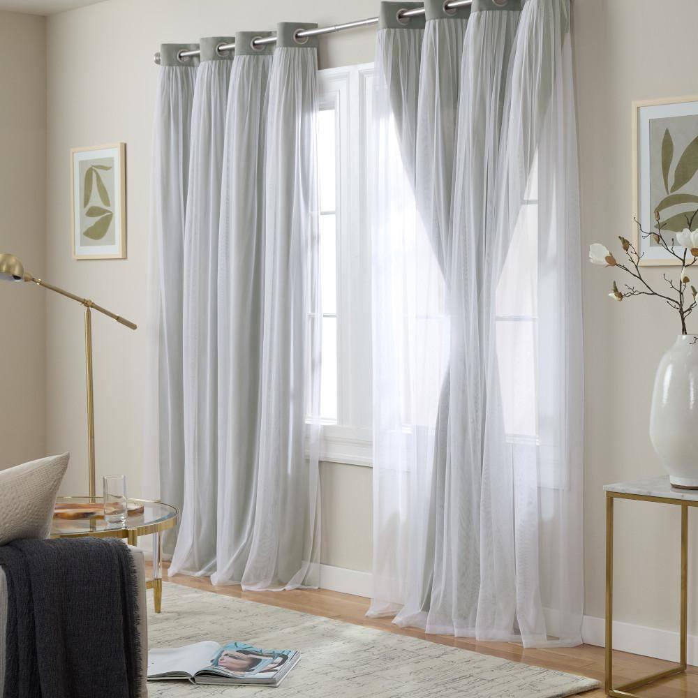 Exclusive Home Catarina Layered Solid Room Darkening Blackout and Sheer Grommet Top Curtain Panel Pair, 52"x84", Soft Grey