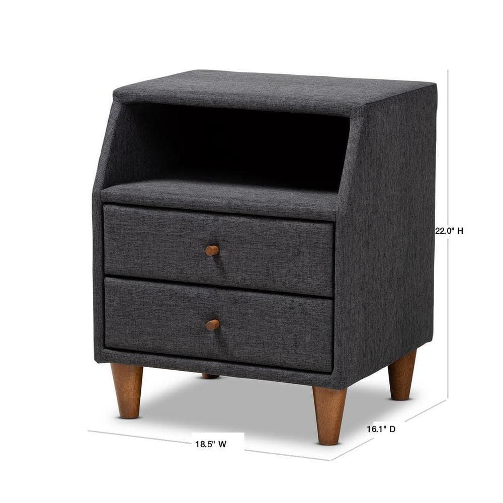 Baxton Studio Claverie Mid-Century Modern Charcoal Fabric Upholstered 2-Drawer Wood Nightstand