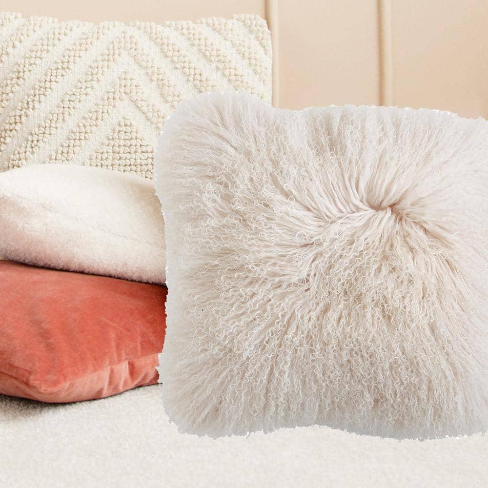Creative Co-Op Mongolian Lamb Fur Pillow, Cream