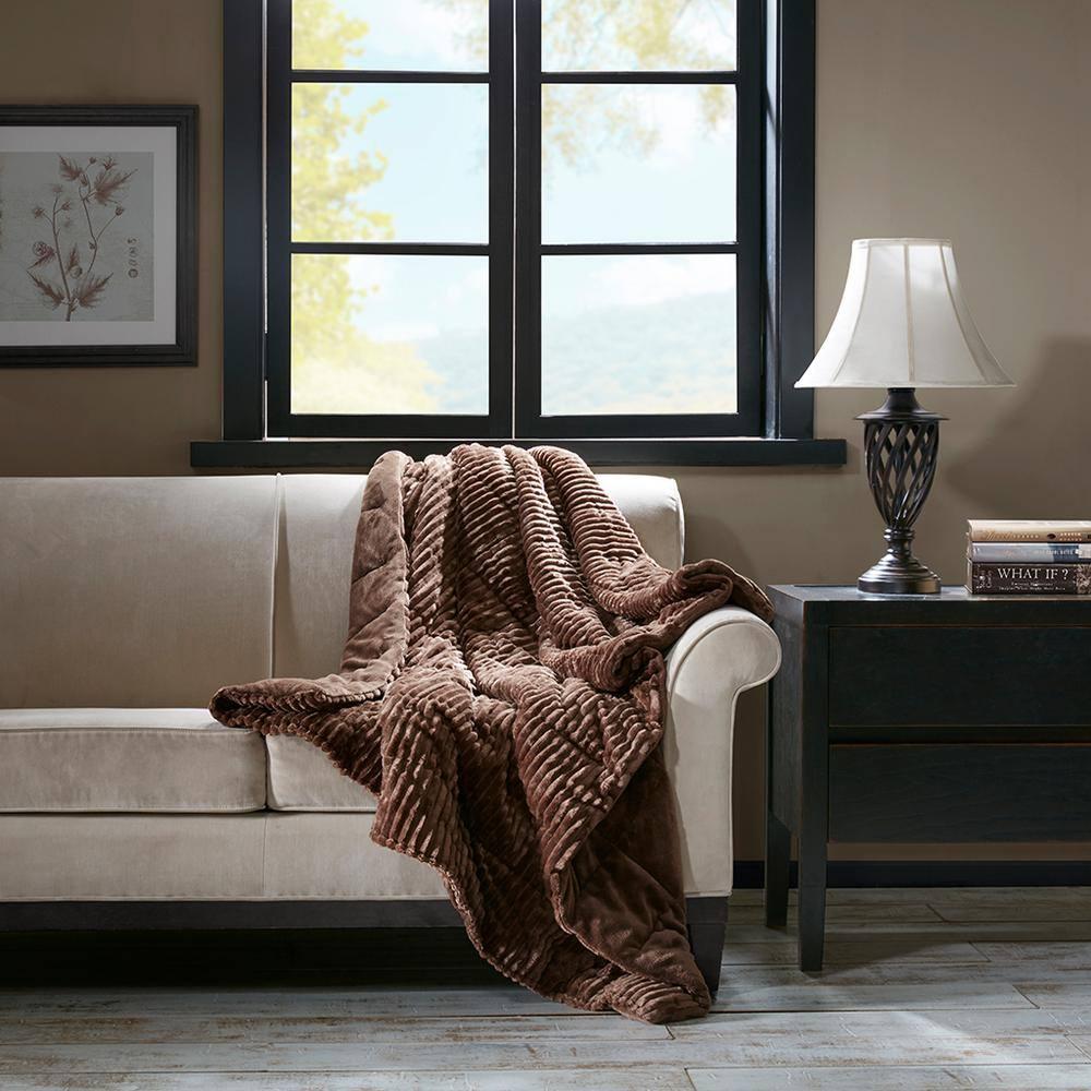 60"x70" Oversized Williams Plush Down Alternative Throw Blanket Brown - Madison Park: Ultra-Soft, Quilted, Machine Washable