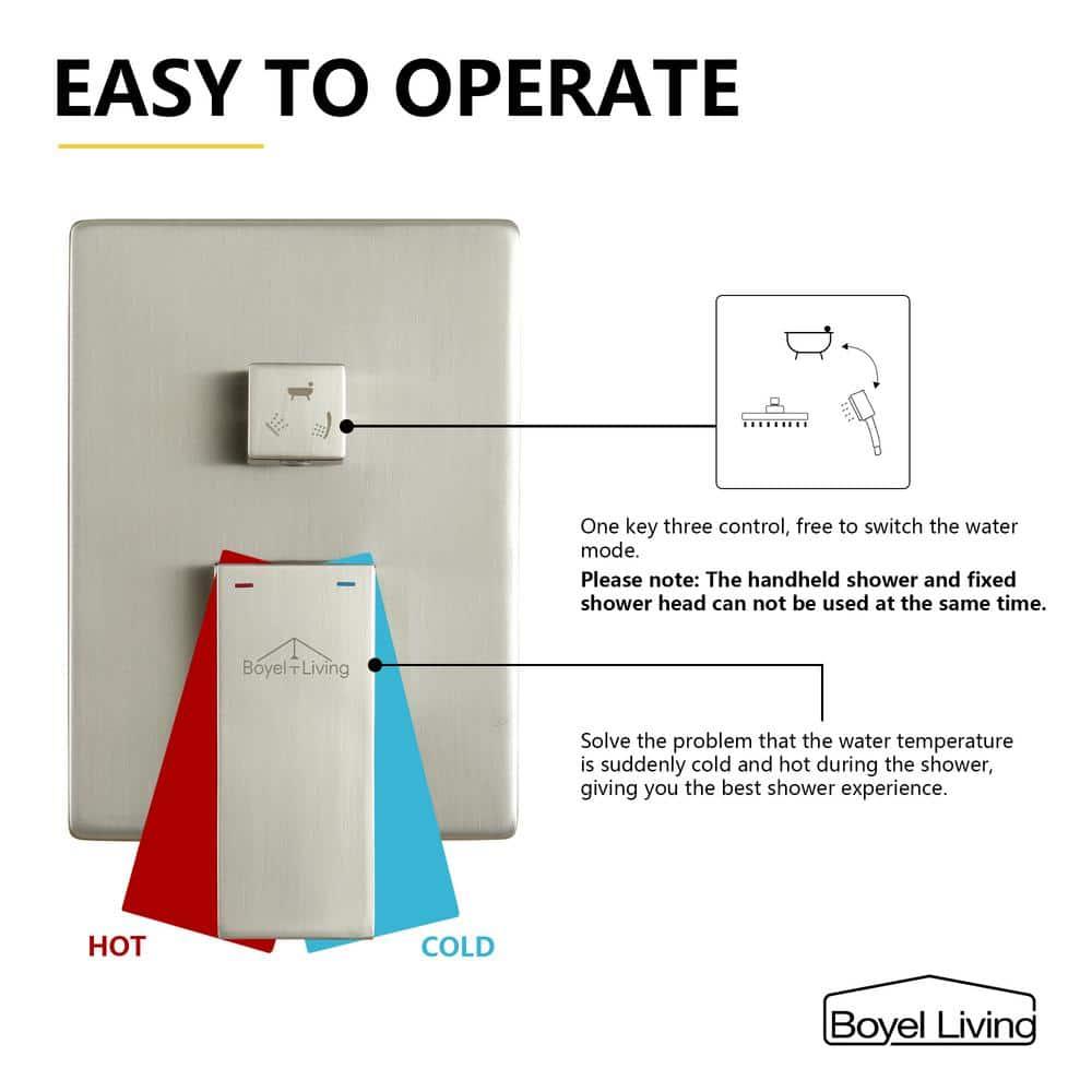 Boyel Living 10 In Wall Mounted Shower System 3-Function Rain Shower Head Shower Faucet Set with Handheld Spray Bathroom Waterfall Tub Spout Brushed Nickel